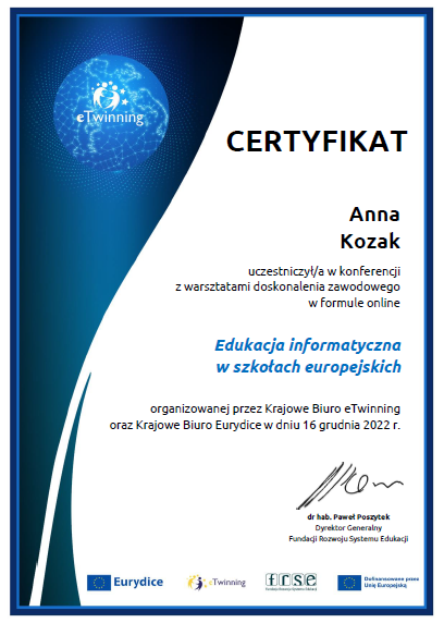 certyfikat ukończenia szkolenia Anna Kozak