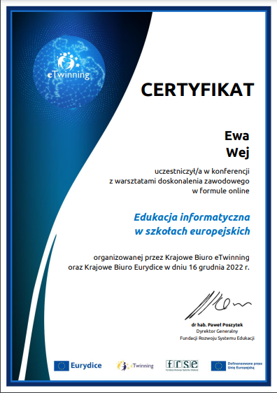 certyfikat ukończenia szkolenia Ewa Wej