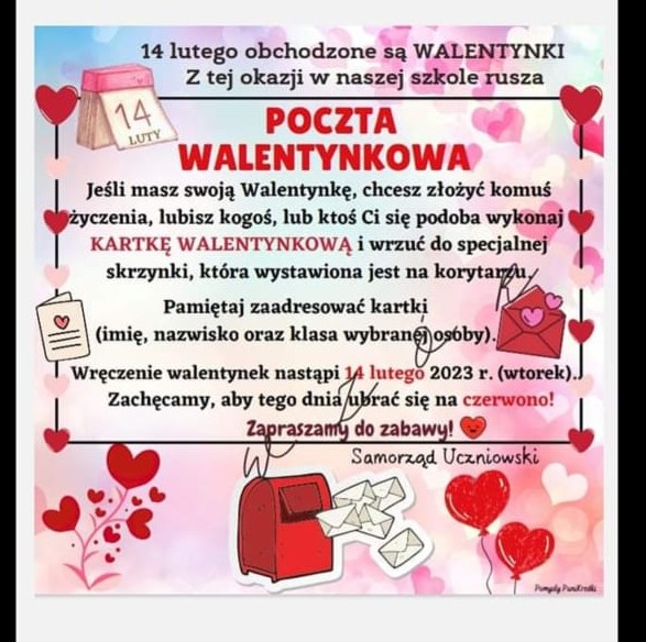 Ogłoszenie informujące, że 14 lutego, z okazji Walentynek, w naszej szkole odbędzie się poczta walentynkowa.