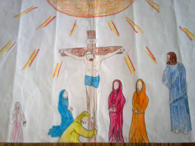 Praca, która zajęła drugie miejsce przedstawia Jezusa na krzyżu. Obok krzyża matka Jezusa i kobiety, i apostoł Jan.