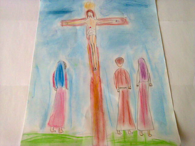 Praca, która zajęła trzecie miejsce przedstawia Jezusa na krzyżu. Obok krzyża matka Jezusa 