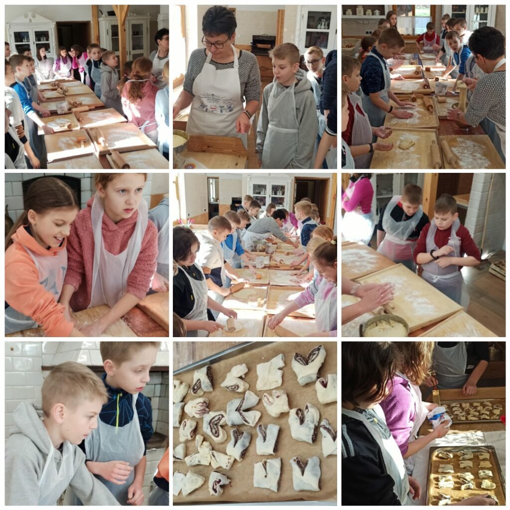 Zdjęcie przedstawia uczniów klasy 4a w trakcie przygotowywania ciasteczek drożdżowych.