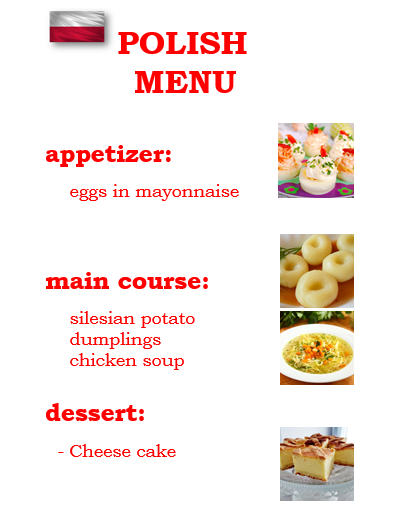 zdjęcie menu trzecie: jajka w majonezie, rosół, kluski śląskie , sernik