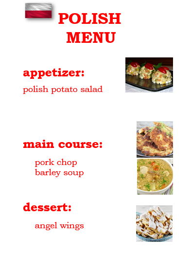 zdjęcie menu pierwsze: sałatka jarzynowa, krupnik, kotlet schabowy z ziemniakami, faworki.