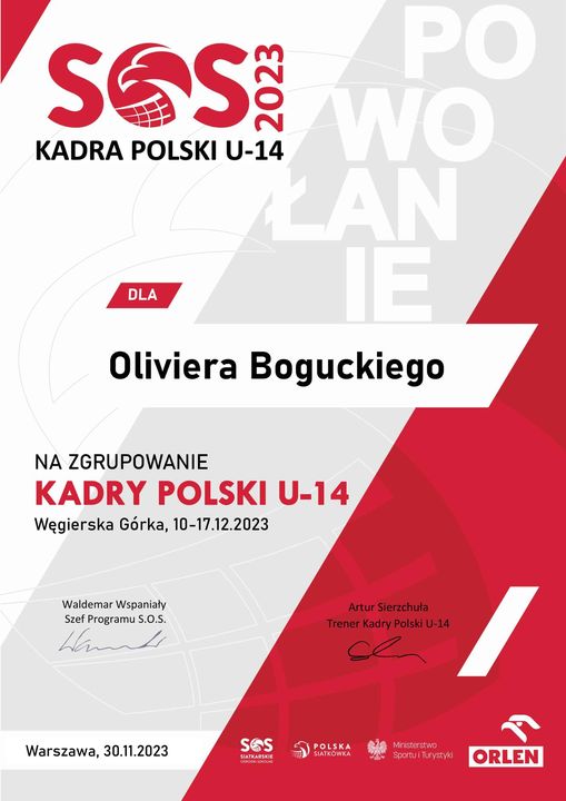 Powołanie na zgrupowanie kadry Polski U-14 ucznia klasy 7a Oliviera Boguckiego