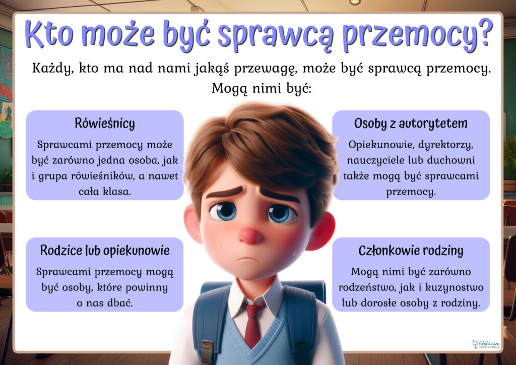 Rysunek smutnego chłopaka. Tekst Kto może być sprawcą przemocy? Każdy, kto ma nad nami jakąś przewagę, może być sprawcą przemocy. Mogą nimi być: Rówieśnicy
Sprawcami przemocy może być zarówno jedna osoba, jak i grupa rówieśników, a nawet cała klasa. Rodzice lub opiekunowie
Sprawcami przemocy mogą być osoby, które powinny o nas dbać. Osoby z autorytetem Opiekunowie, dyrektorzy, nauczyciele lub duchowni także mogą być sprawcami przemocy. Członkowie rodziny
Mogą nimi być zarówno rodzeństwo, jak i kuzynostwo lub dorosłe osoby z rodziny.
