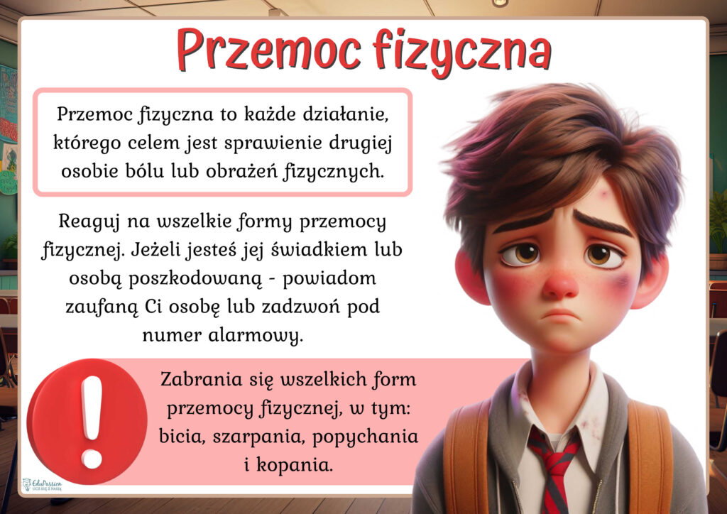 Rysunek posiniaczonego chłopca. Tekst Przemoc fizyczna. Przemoc fizyczna to każde działanie, którego celem jest sprawienie drugiej osobie bólu lub obrażeń fizycznych. Reaguj na wszelkie formy przemocy fizycznej. Jeżeli jesteś jej świadkiem lub osobą poszkodowaną - powiadom zaufaną Ci osobę lub zadzwoń pod numer alarmowy.
Zabrania się wszelkich form przemocy fizycznej, w tym: bicia, szarpania, popychania, kopania.