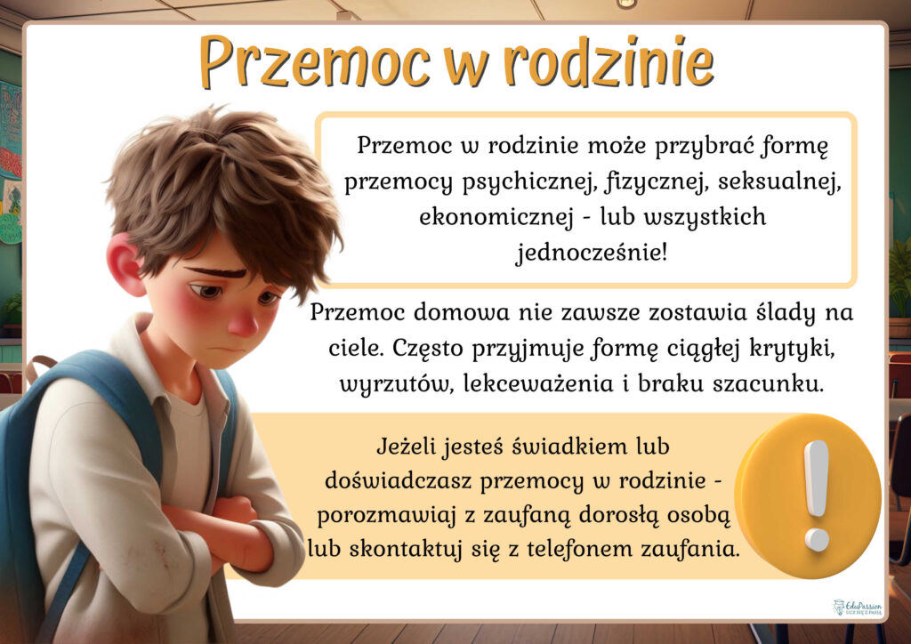 Rysunek przedstawia smutnego chłopaka z plecakiem. Tekst Przemoc w rodzinie może przybrać formę przemocy psychicznej, fizycznej, seksualnej, ekonomicznej - lub wszystkich jednocześnie!
Przemoc domowa nie zawsze zostawia ślady na ciele. Często przyjmuje formę ciągłej krytyki, wyrzutów, lekceważenia i braku szacunku. Jeżeli jesteś świadkiem lub doświadczasz przemocy w rodzinie -porozmawiaj z zaufaną dorosłą osobą skontaktuj się z telefonem zaufania.