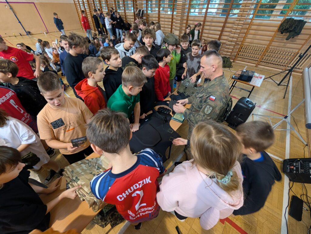 Uczniowie oglądają militaria