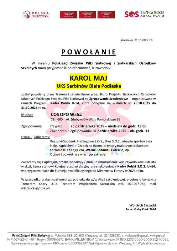 Powołanie PZPS na zgrupowanie Kadry Polski u-14