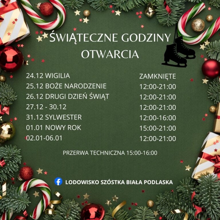 świąteczne godziny otwarcia lodowiska 24.12 wigilia - zamknięte 25.12 - 12:00 - 21:00 26.12 - 12:00 - 21:00 27.12 - 30.12 - 12:00 - 21:00 31.12 Sylwester - 12:00 - 16:00 01.01 - Nowy rok - 15:00 - 21:00 02.01 - 06.01 - 12:00 - 21:00 Przerwa techniczna 15:00 - 16:00