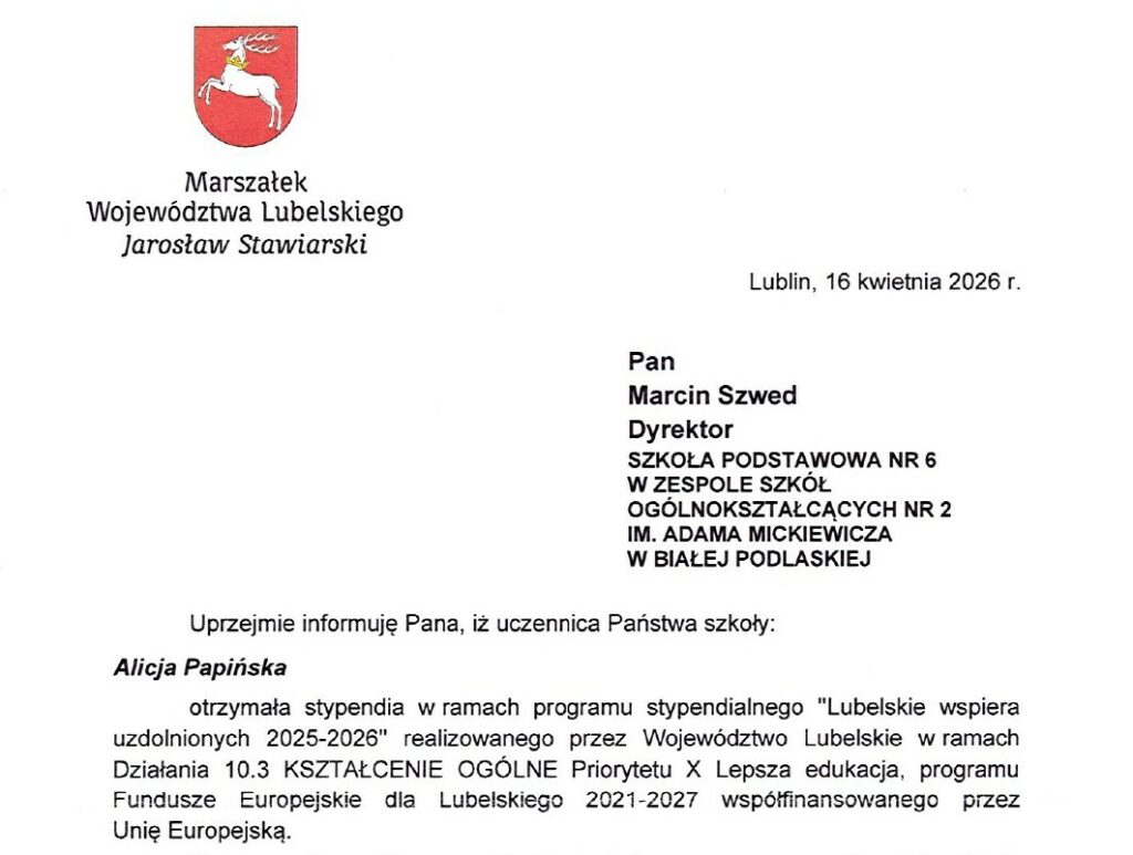 pismo od Marszałka Województwa Lubelskiego informujące o przyznaniu stypendium
